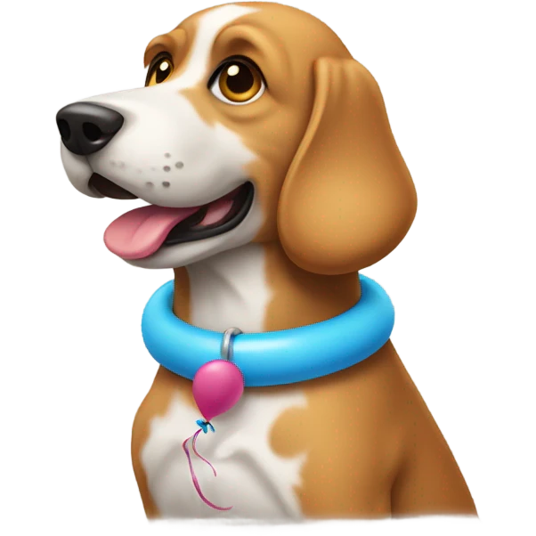 Dog wearing a balloon emoji