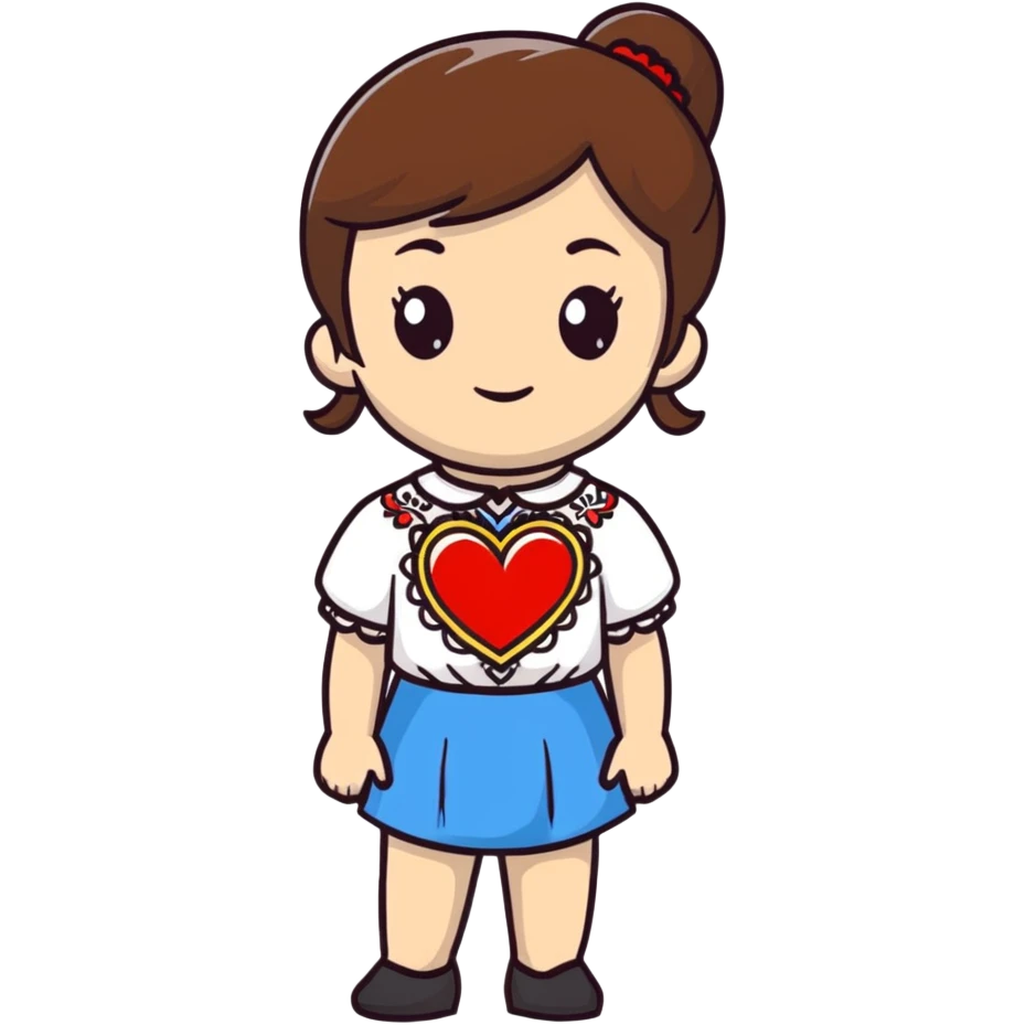 beautiful young girl with brown hair wearing a white Ukrainian embroidered shirt with a big heart design emoji