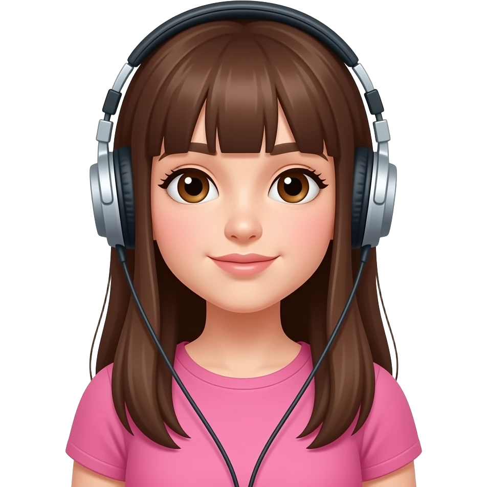 Tinédzer arca legyen a lánynak rózsaszín felső legyen rajta és zenét hallgasson és hosszú barna haja legyen és barna szeme és ne legyen frufruja minden haja szála ugyan akkora legyen emoji