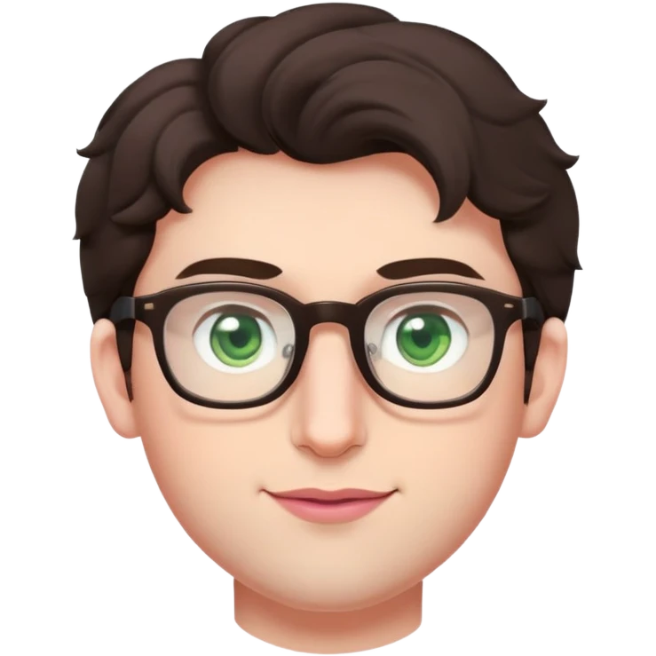 Young man with slightly curled dark brown poofy hair, green eyes wearing glasses, wide face with eyes set apart, bigger ears, very pale skin, slightly bigger nose, fuller darker pink lips with a smile, and very light stubble emoji
