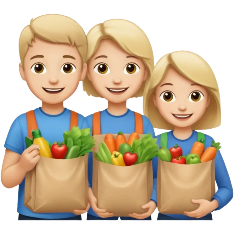 caucasian kids putting groceries in bags smiling emoji