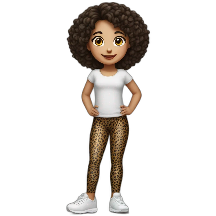 European curly dark hair girl in leopard leggings emoji