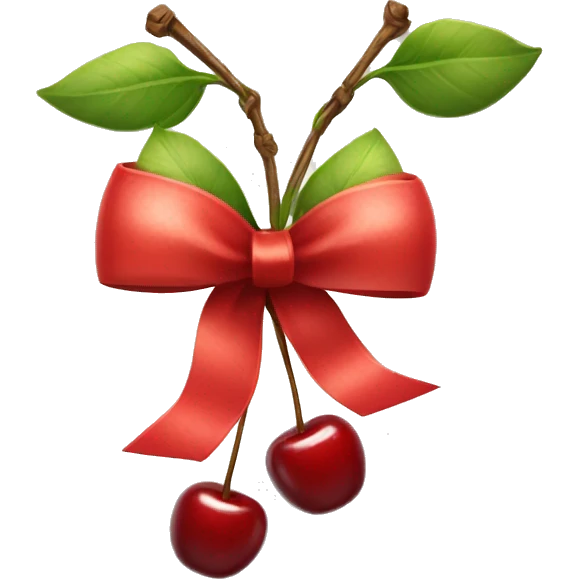 A gift bow with two short strings hanging down. From the center of the bow, two cherry stems with cherries dangle down, as if they are part of the bow emoji