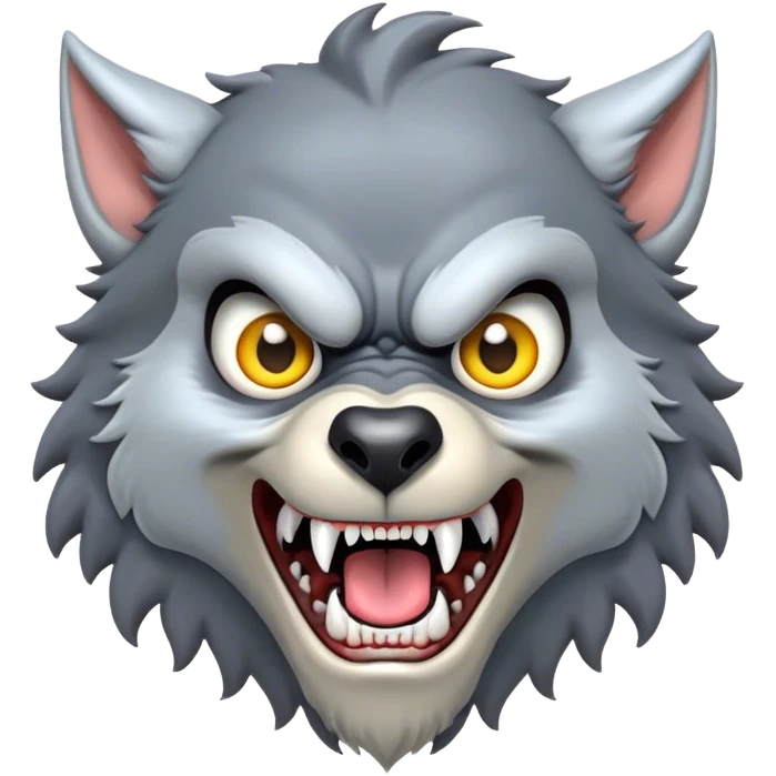 Cinematic Comical Werewolf Portrait Emoji, with a whimsically exaggerated lupine face in vivid moonlit grays and silvers, head cocked in a dramatically shocked expression with comically oversized, wide eyes and a playful snarl, simplified yet hilariously expressive, highly detailed with a soft cartoonish glowing outline capturing the mischievous humor of a werewolf mid-transformation! emoji