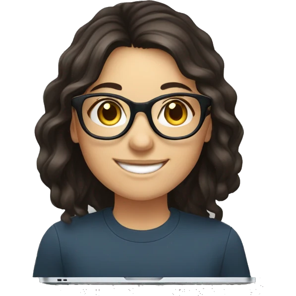 Dark hair, white girl with optical glasses and laptop smiling wide emoji