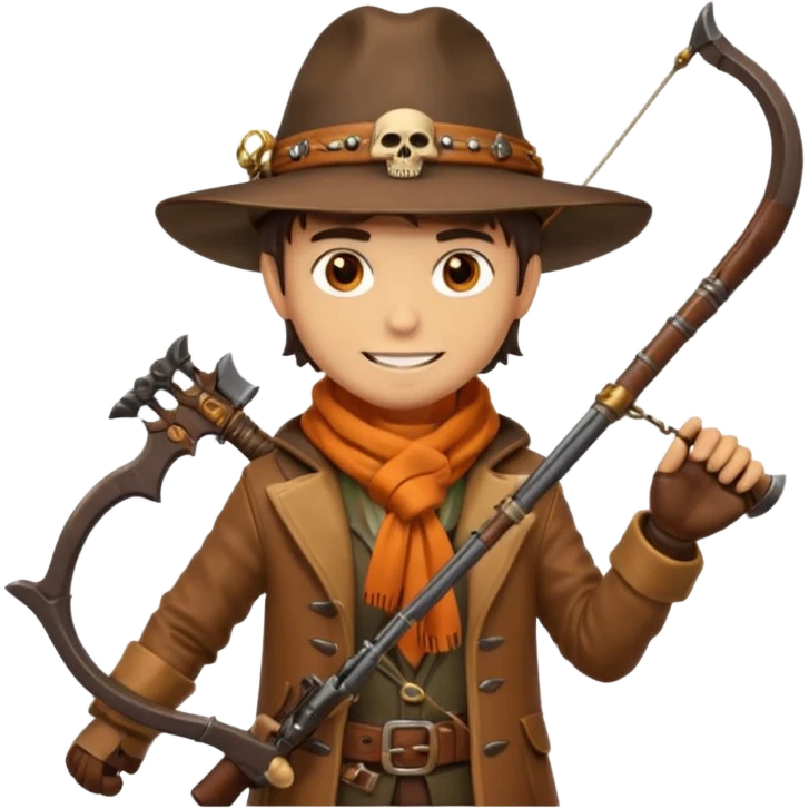 male human monster hunter emoji, wearing brown leather coat and wide hat, holding crossbow or rifle, with amulet shaped like skull, Halloween fantasy theme, confident smile, orange scarf, Apple emoji style, clean white background, square image emoji