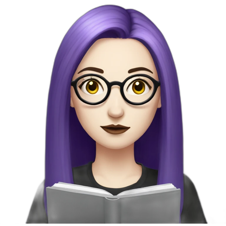 goth woman with long side parted purple hair and oval glasses, pale skin, taking notes on a tablet emoji