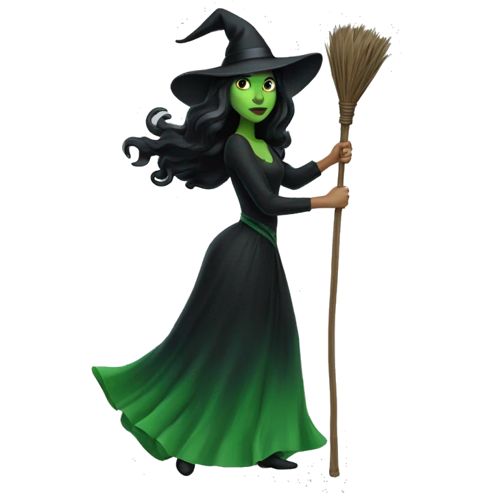 Beautiful Green witch with black hair and black dress dark on a flying broom stick  emoji