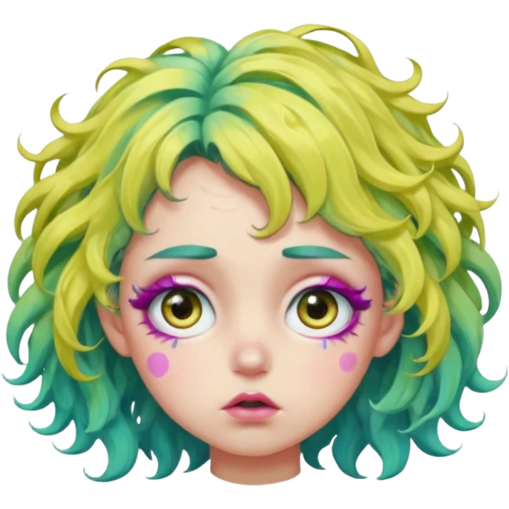 messy, wavy chartreuse hair, with pink specks, bushy eyelashes, and big round eyes, with irises that are teal on the outside and yellow on the inside while making a pouty face more light on the hair pls emoji