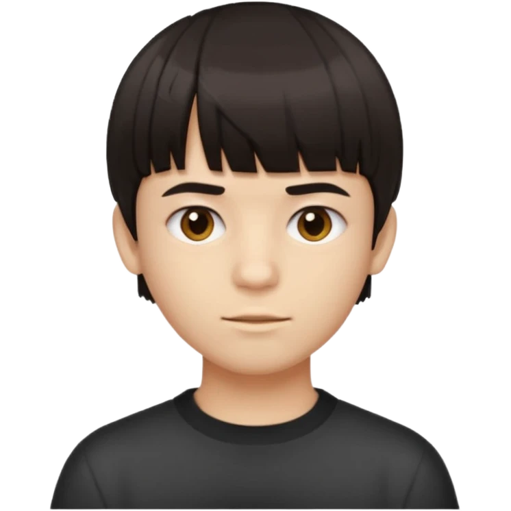 A boy no long hair À emoji that don’t smile Dark brown thick hair, short blunt fringe with straight bangs, compact textured top, evenly cut front, short tapered sides (not shaved), clean modern haircut, realistic emoji style, neutral expression. emoji
