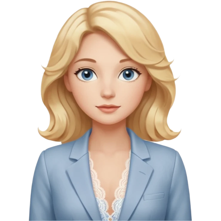 A gentle woman with fair skin, wavy honey-blonde hair, and calm gray-blue eyes. She wears blush lace lingerie and a white blazer, radiating soft confidence and warmth. emoji