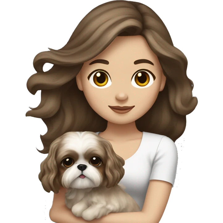 Young brunette hair woman with a cream shih tzu in her arms long wavy hair emoji