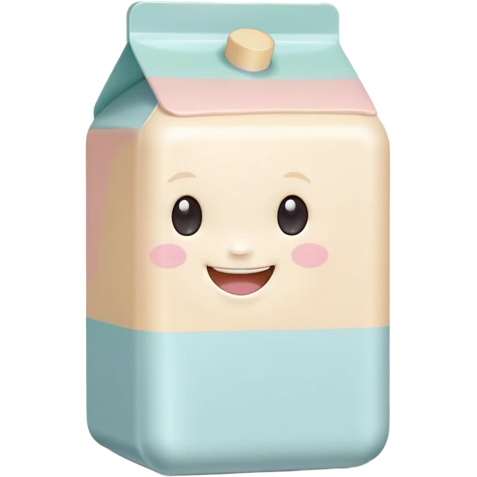 Cinematic adorable milk carton, soft pastel colors, tiny rounded edges, chubby smiling face, warm glowing highlights, gently tilting in a playful pose. emoji