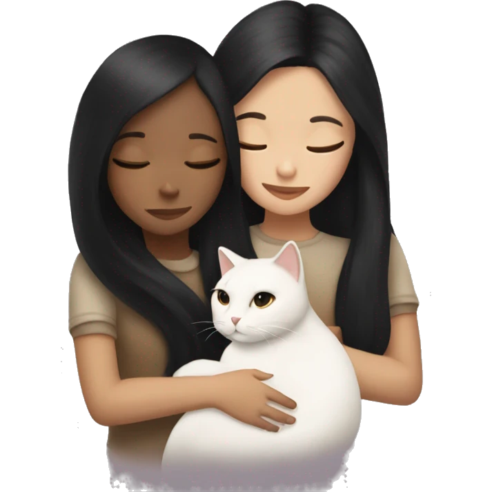 girl with very long black hair and light brown skin hugging a white cat emoji