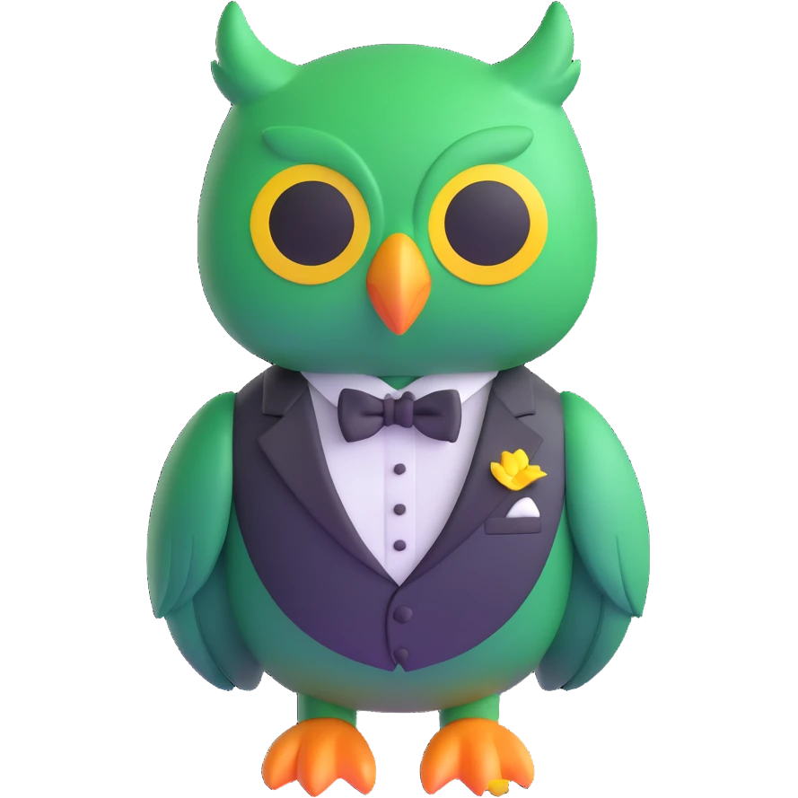 a green owl with a tuxedo, 3D emoji style emoji