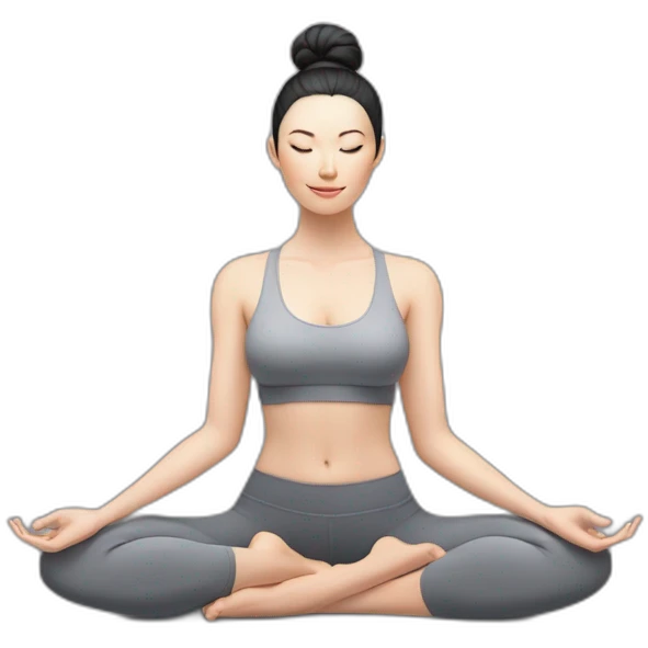 Pale skinned fit woman In a gray tight yoga suit and wristbands With black hair in a bun sits in the lotus position emoji