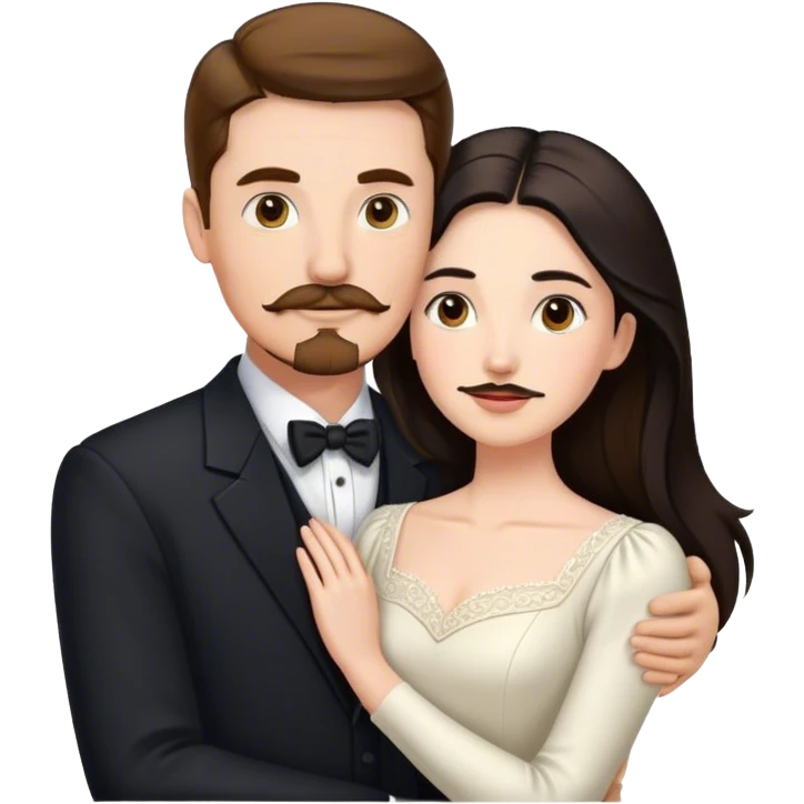 married couple portrait, tall white man with brown hair goatee mustache embracing a pale woman with long black hair, wearing formal clothing emoji