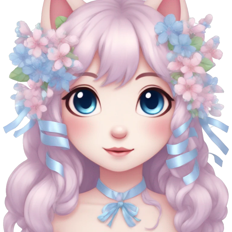 Anthro Cute Cool Blushing Pastel Innocent Shy Kawaii gorgeous sparkly ethereal fantasy anime animal creature with blue eyes furry sona with flowers and ribbons beautiful aesthetic emoji