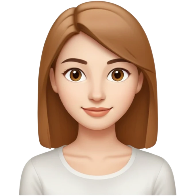 Young woman in her 20s with oval face, soft features, friendly bright smile, large light brown eyes, defined eyebrows, straight nose, medium lips, long straight light brown hair, wearing a white top emoji