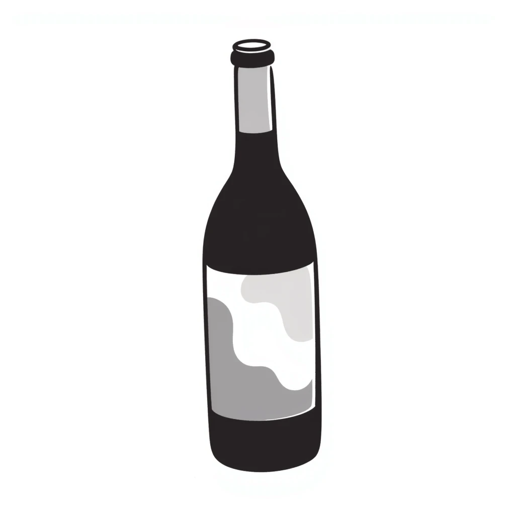 A wine bottle with label in pastel colors (dd9fb0, ffc6d3, a3bfc9, c4bee2, f1b091), hand-drawn doodle style emoji