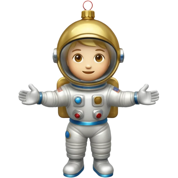 Apple iOS style 3D emoji of a vintage Soviet glass Christmas ornament shaped like a little astronaut. Shiny metallic paint, iridescent glass reflections, slightly distressed gold details. High-end
3D render, nostalgic aesthetic, isolated on a solid white background, 8k. emoji