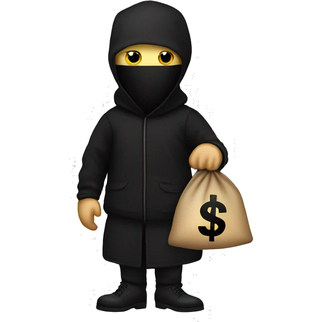 Thief wearing all black clothes actively stealing a money bag with the words Top Tier embroidered on it emoji