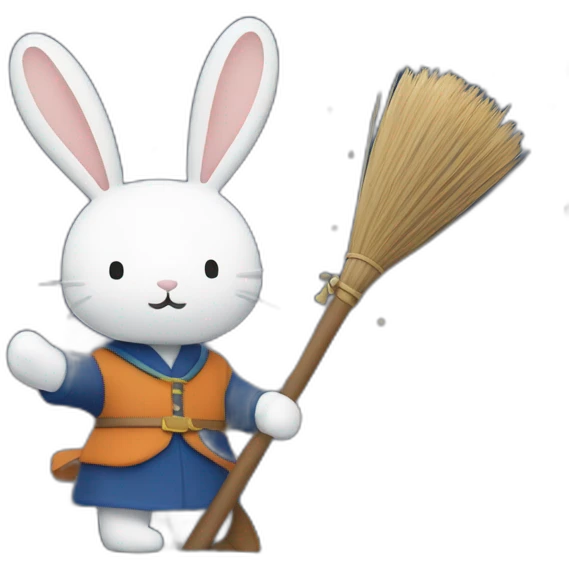 the rabbit, miffy, riding a broomstick with the night sky and stars in the background emoji