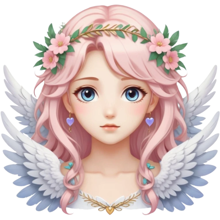 Dreamy pretty pastel anime flowers feathers hearts wings angelic laurel lady with pretty hair and gorgeous eyes aesthetic emoji