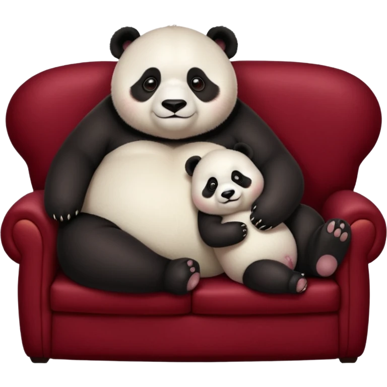 Cute overweight panda and baby snuggle on a realistic dark red velvet couch, which is too small for them. emoji