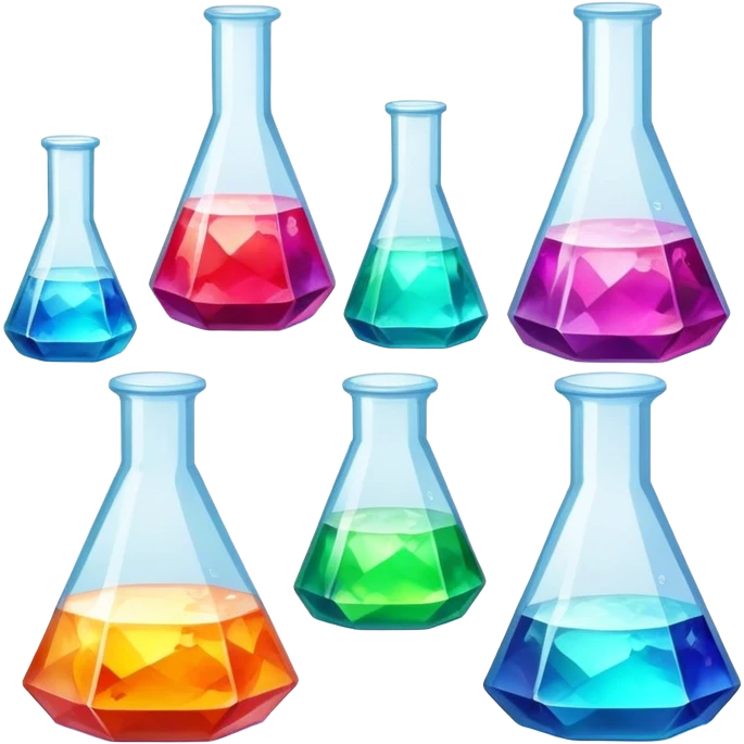 A set of colorful growing crystals in various stages of development, surrounded by beakers and jars with chemical solutions. Light shining on the crystals creates a dazzling glow. Background of a clean, well-lit workspace with scientific tools and equipment. Transparent background. emoji