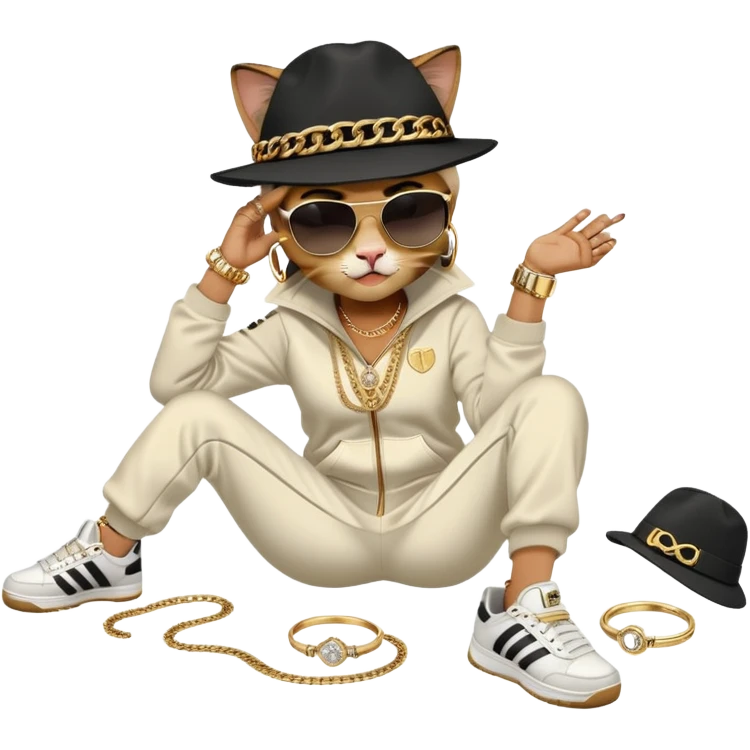 female cat dressed like Run DMC in tracksuit, fedora, Adidas shoes, dark sunglasses, lots of gold chains, rings, bracelets, earrings, lying on the ground after falling emoji