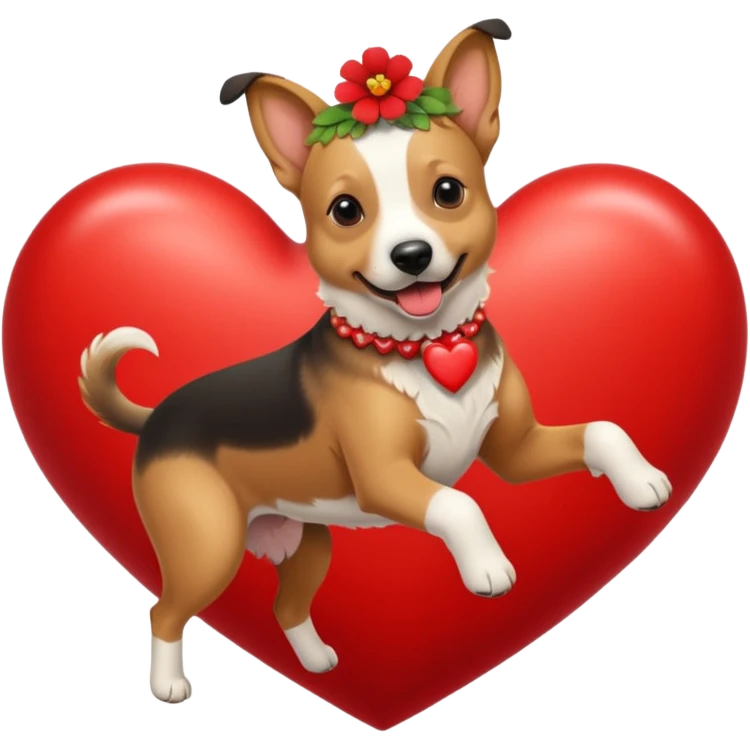 Short-haired Belgian  belgian Dog with a flowerband on head is jumping on a heart emoji