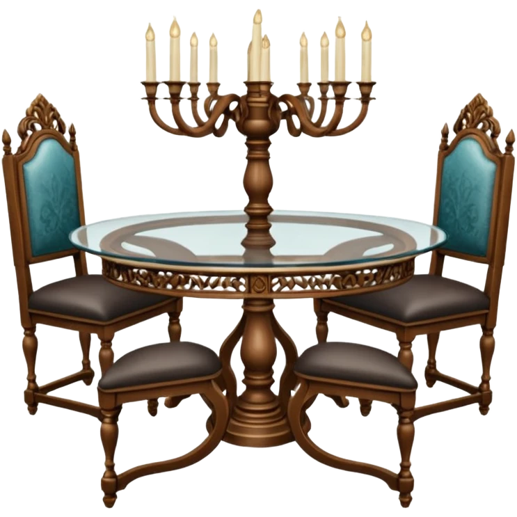 A glass topped ding table with 2 side benches and 2 thrones at the ends emoji