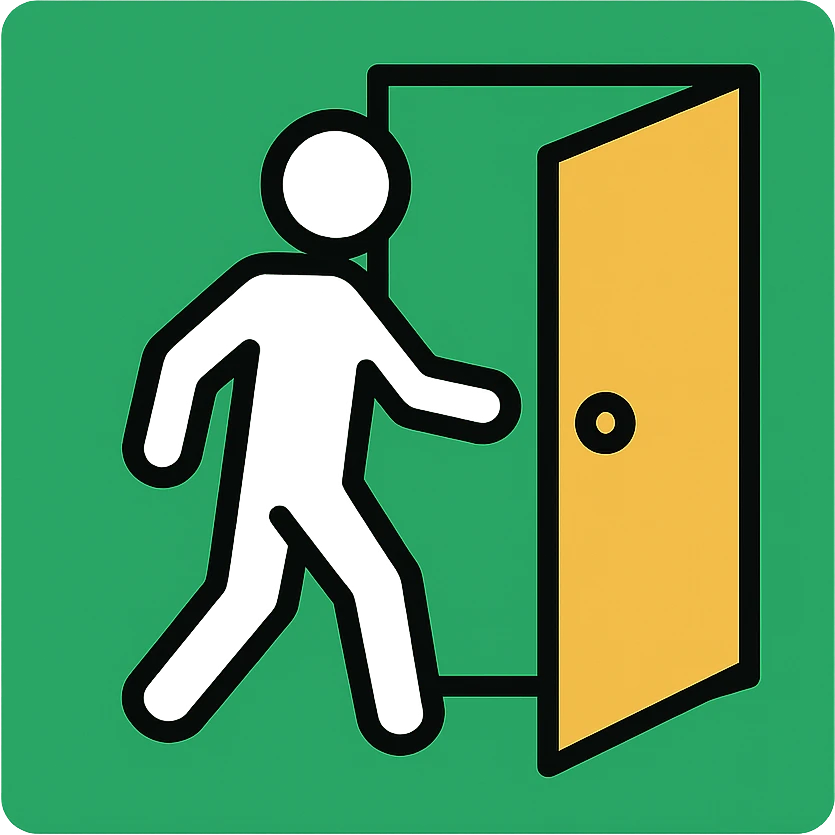 minimalistic icon of a white human figure walking through an open outlined door, viewed from the front, door with visible doorknob, solid green background, flat simple clean lines, high contrast emoji