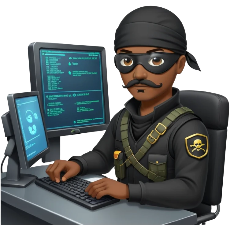 african-american mustache mercenary black asymmetrical eyepatch ninja hacker terminal command center emoji
