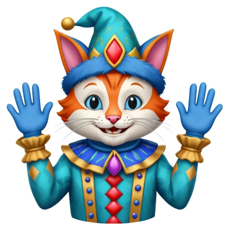 crazy colorful cute little cat jolly joker from poker, medieval, vintage, court jester, mac os squared icon, blue color emoji