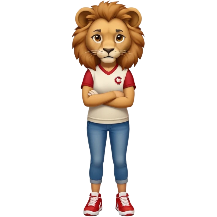 confident anthropomorphised female lion wearing a baseball shirt, jeans, trainers, arms crossed, strong and determined expression emoji