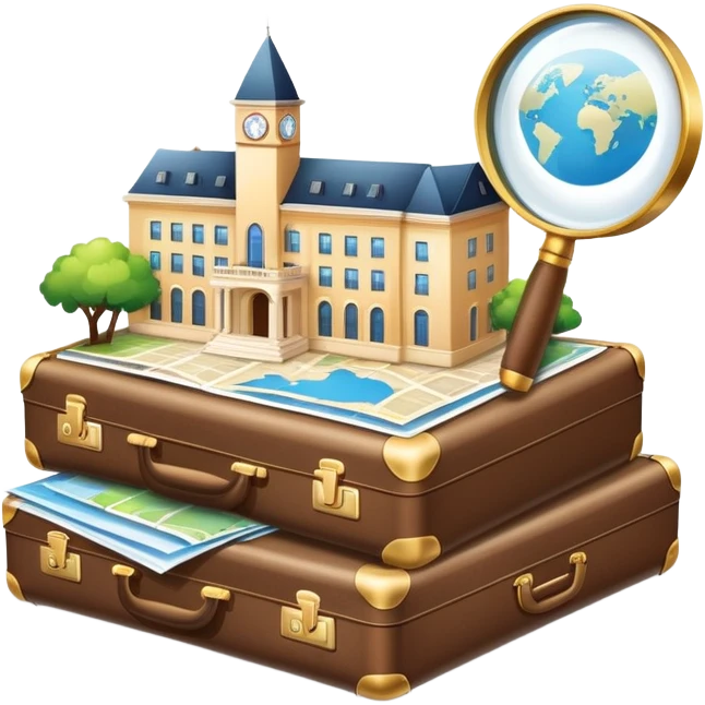 An icon featuring a suitcase, a hotel building, symbolizing the academic study of tourism and hospitality. The design includes a travel map and a magnifying glass, representing research into destinations and hospitality management. Transparent background emoji
