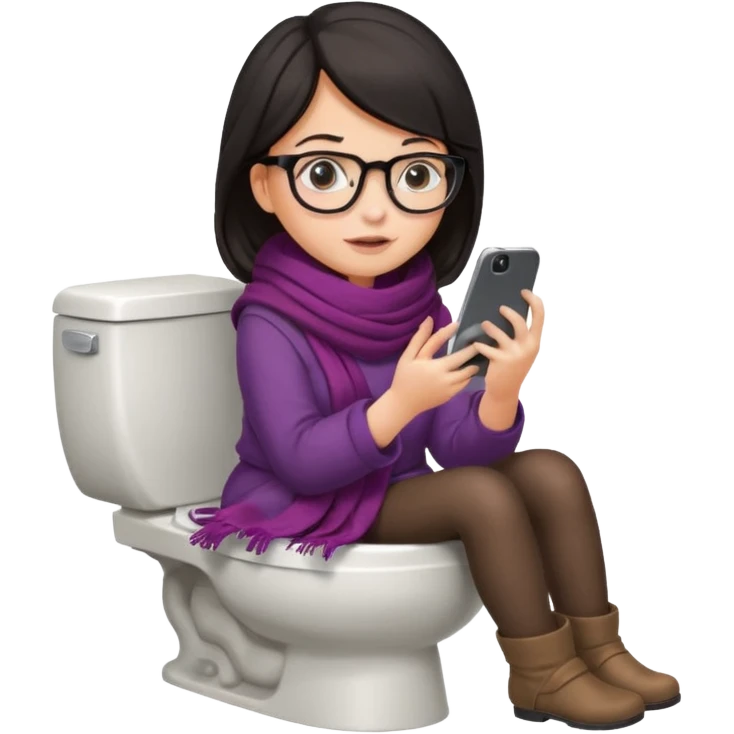 Fille châtain foncé avec lunettes. Elle porte une grosse écharpe. Elle est dans une cuvette de toilette. Téléphone en main. Realiste emoji