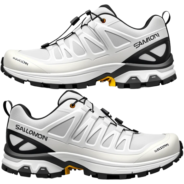 White Salomon XT-6 Gore-Tex trail running shoes, one positioned behind the other, simplified iOS emoji style, technical outdoor sneakers with trail sole, clean white colorway, minimalist design emoji