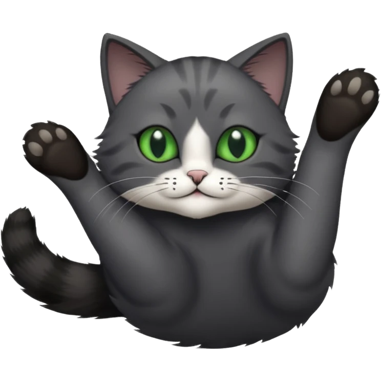 solid dark grey cat with green eyes, completely solid grey face, white toes/paws playfully rolling upside down emoji