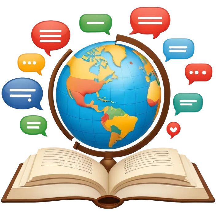 An icon showing a globe surrounded by speech bubbles with greetings in different languages, like 'Hello,' 'Hola,' and 'Bonjour.' The design includes an open book and a quill, symbolizing learning and communication. Transparent background emphasizes global connection through language. emoji