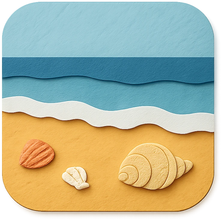 view of the ocean from the beach with sand, shells, and gentle waves in paper-craft style emoji