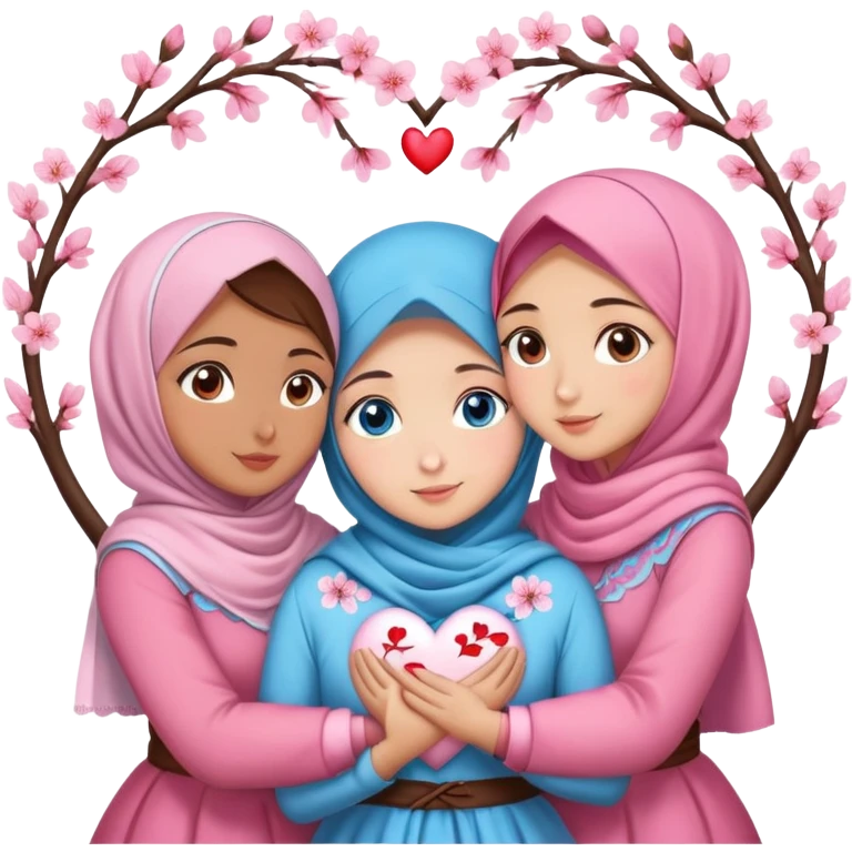Four sister hugs Turkish girls beautiful finish Konya blue eyes with cherry blossom hijab and heart dress and hugs  emoji
