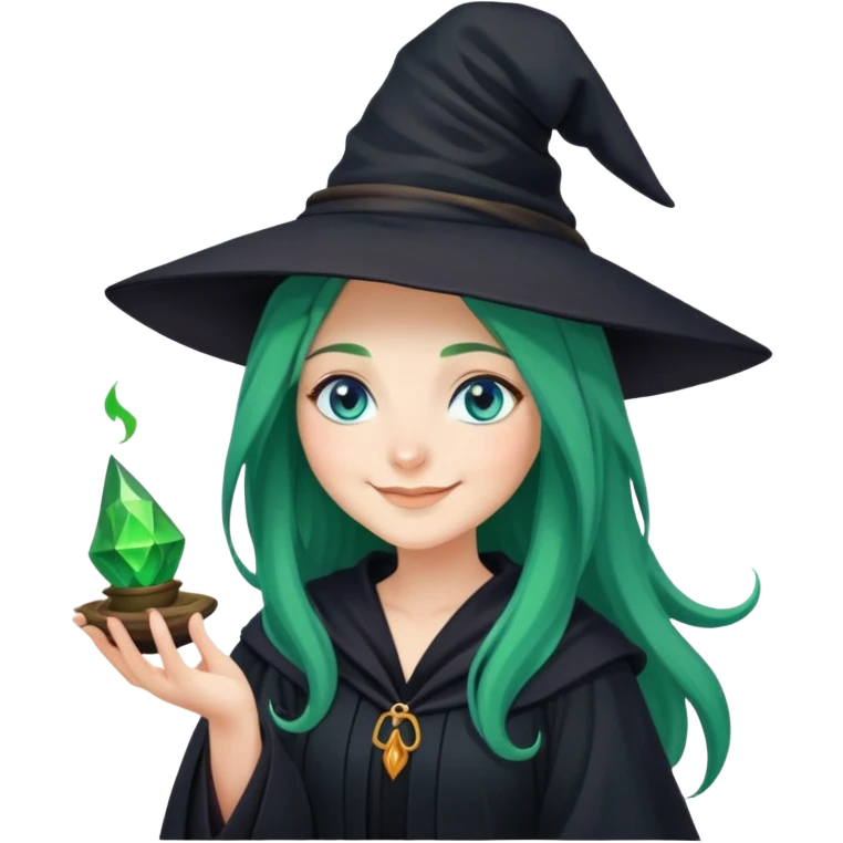 Young Witch in black robe and a witch's hat with green magic in her hand, long green hair and blue eyes smiling emoji
