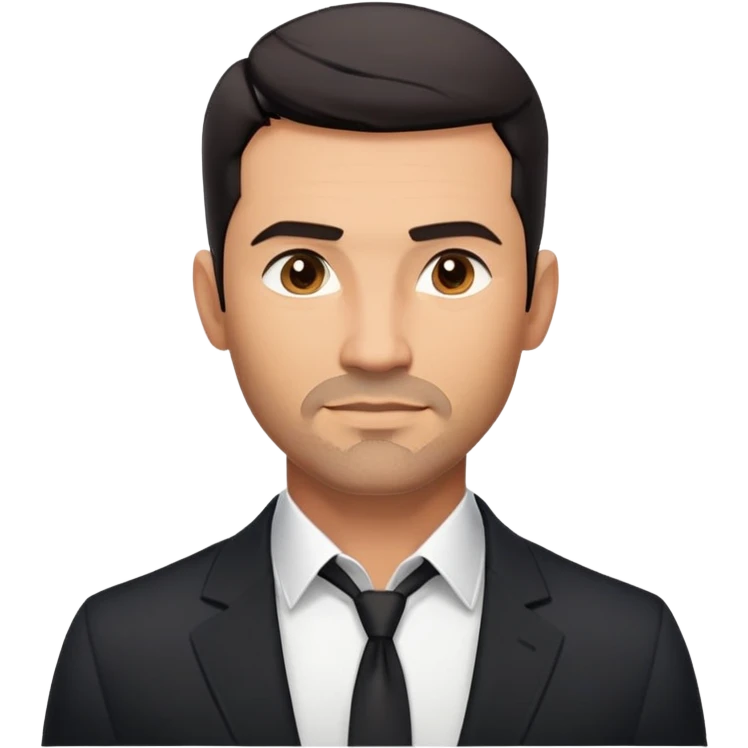 Handsome athletic man in his mid-40s with tan skin, short black hair with clear fade cut, 5 o'clock shadow facial hair, strong square masculine face, warm approachable expression, black blazer worn open, white buttoned shirt with collar unbuttoned, explicitly no tie emoji