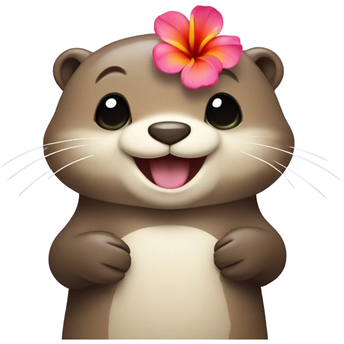 A happy and cute otter face with a Hawaiian flower tucked behind its ear, holding a heart. emoji