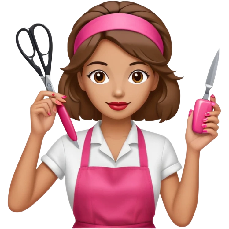 Woman with hair styled in headband, wearing red apron, holding pink nail polish in one hand and scissors in other hand, beauty salon worker emoji