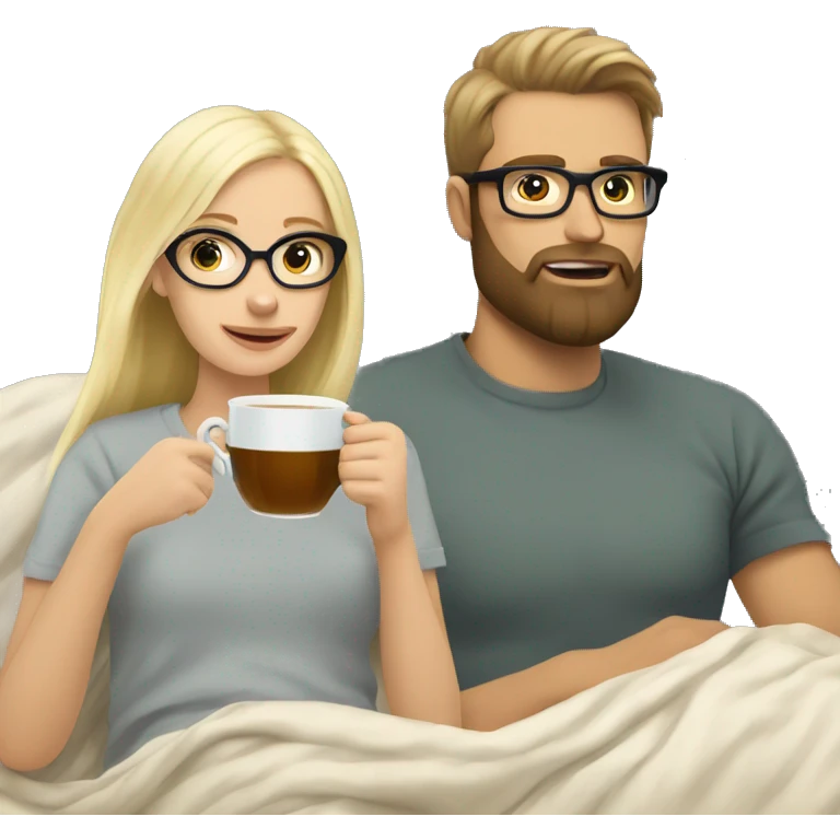Pale blonde girl wearing glasses drinking tea under blanket with bearded brunette man emoji