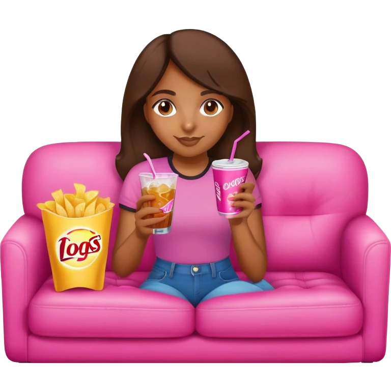 home brown girl with chips and soda drink at the pink sofa emoji